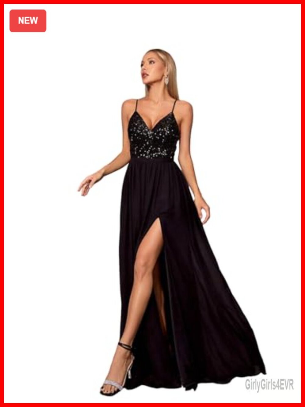 Sequin V Neck Formal Maxi Dress High Slit Chiffon Prom Wedding